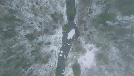 aerial establishing view of nordic woodland forest covered with light snow and a dark river , overcast winter day, low clouds, relaxing view, ascending drone birdseye shot