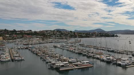 Aerial-of-Yachts-in-harbour-beside-Wrest-Point-Casino-in-Hobart-Tasmania