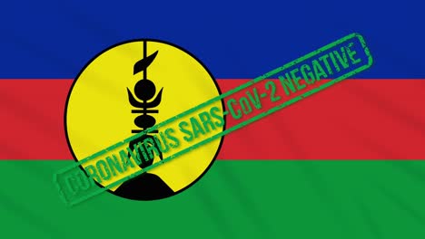 new caledonia swaying flag with green stamp of freedom from coronavirus, loop