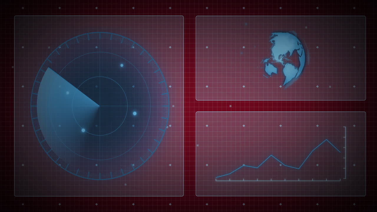 빨간색 바탕에 다이어그램, 스캐너 및 지구의 애니메이션