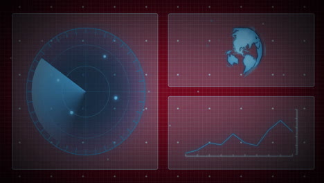 animación de diagramas, escáner y globo terrestre sobre fondo rojo