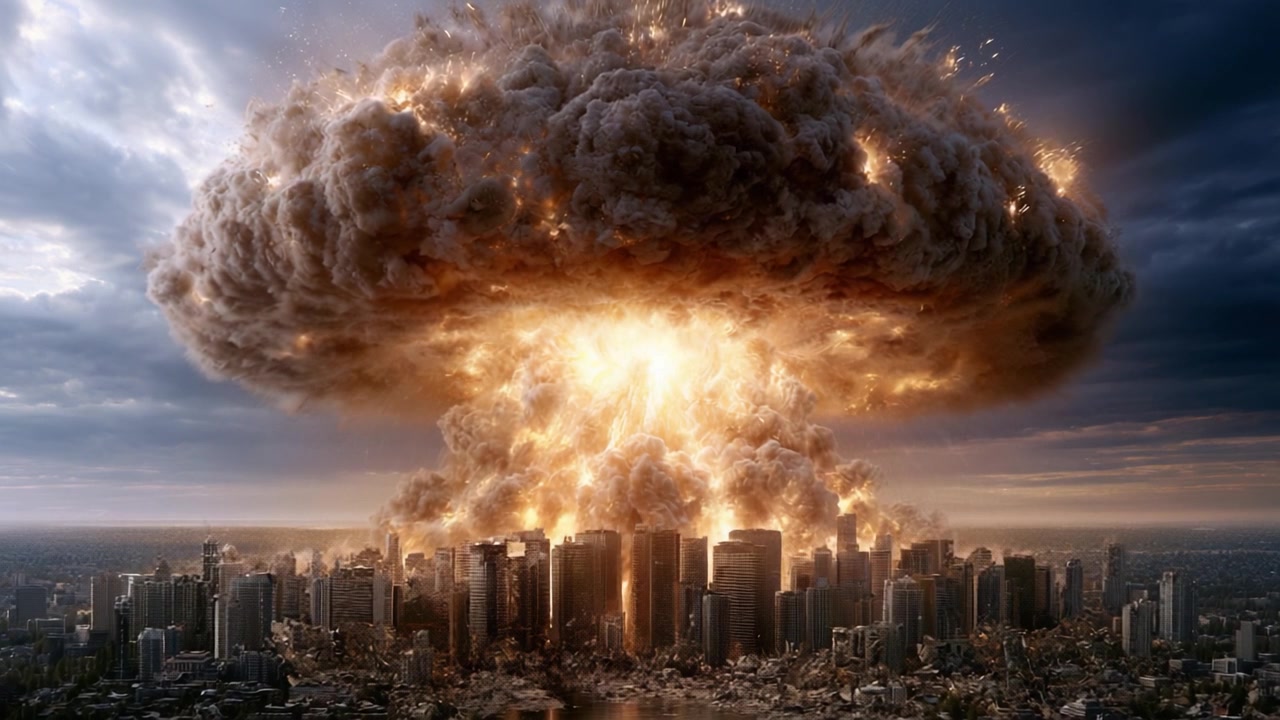 Uma Erupção Catastrófica: Uma Cena Apocalíptica de uma Nuvem de Cogumelo Gigante Elevando-se Acima de uma Paisagem Urbana Devastada em uma Atmosfera Incrivelmente Dramática.