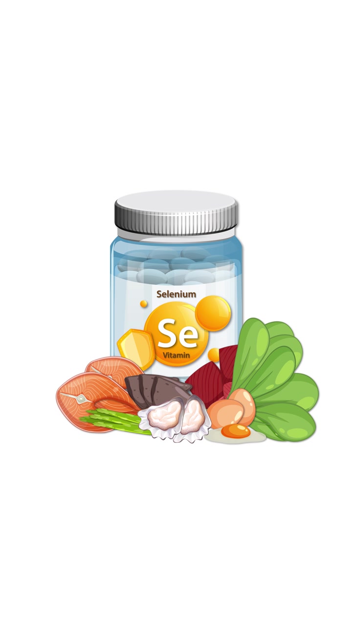 Flacone di vitamine al selenio gradualmente circondato da salmone, spinaci, aglio, uova e verdure, sfondo bianco