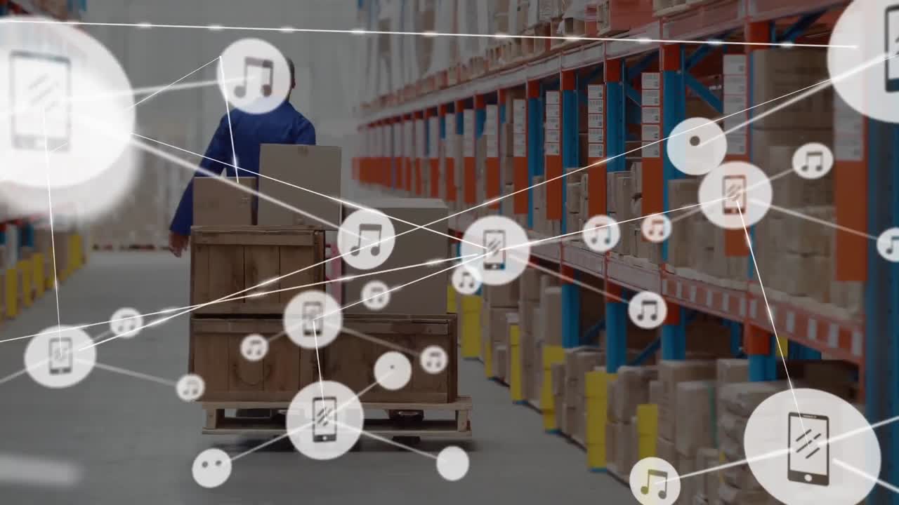 창고에서 일하는 사람 위의 아이콘과 연결 네트워크의 애니메이션