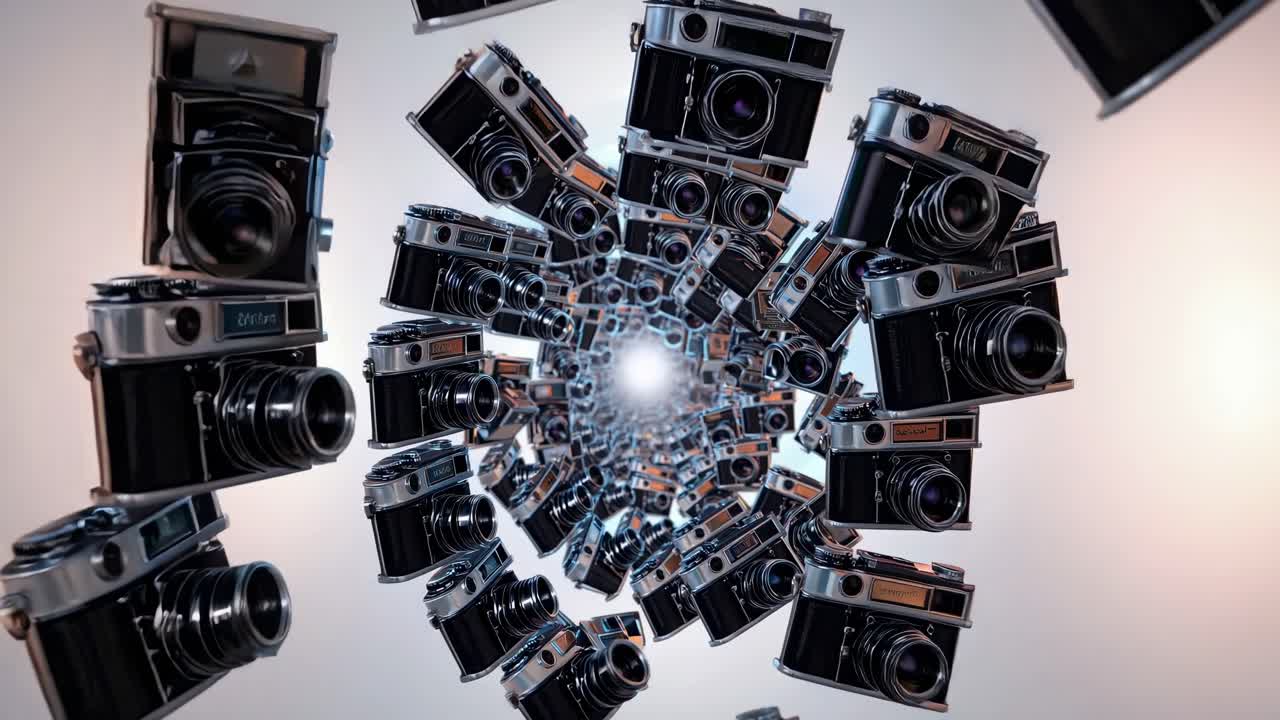 Spiral of vintage cameras converging towards bright light, creating a mesmerizing visual journey through photography's rich history and artistic expression