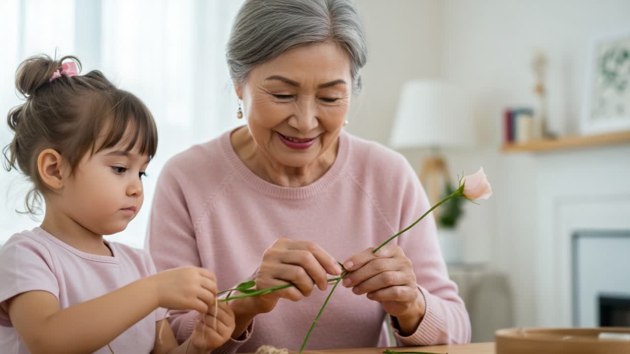 溫馨連結時刻：一位老婦人與一個小女孩共同創作花藝，分享喜悅與創意