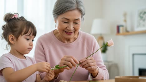 a heartwarming moment of bonding: an elderly woman and a young girl creating floral arrangements together, sharing joy and creativity in their craft