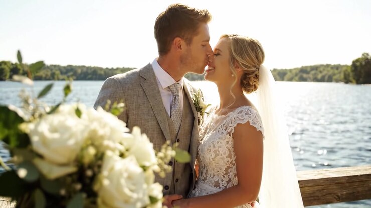 Beautiful Bride and Groom Embrace by the Water's Edge, Surrounded by Stunning Blooms, Capturing a Cherished Wedding Moment in Golden Light