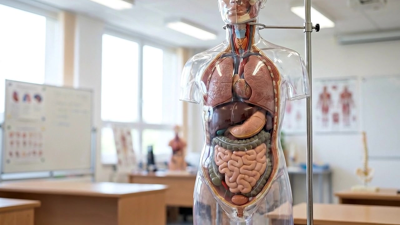 Modello anatomico umano con organi interni esposti in un'aula luminosa.