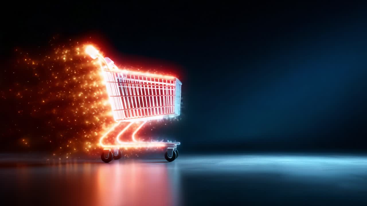 A Dynamic Shopping Cart Gliding through a Starry Universe, Leaving a Trail of Sparkling Lights, Showcasing the Fusion of Digital Shopping and Modern Retail Experience