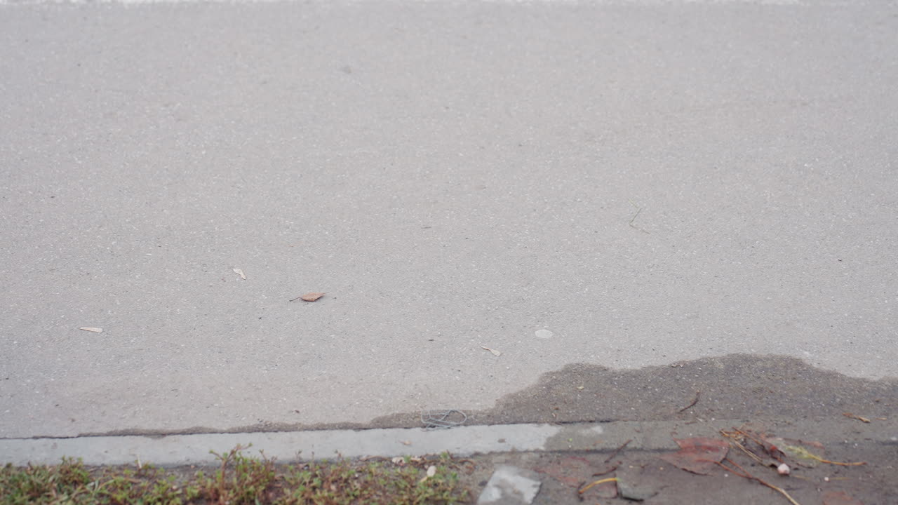 Close up of woman feet in black heeled boot walking past wet tiled road with scattered leaves, capturing motion and texture of footwear and sidewalk in cool urban setting with overcast sky