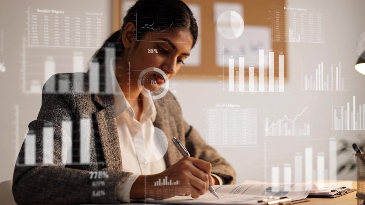 A focused professional analyzing data charts and reports, demonstrating skillful attention to detail and commitment to business efficiency in a modern office environment.