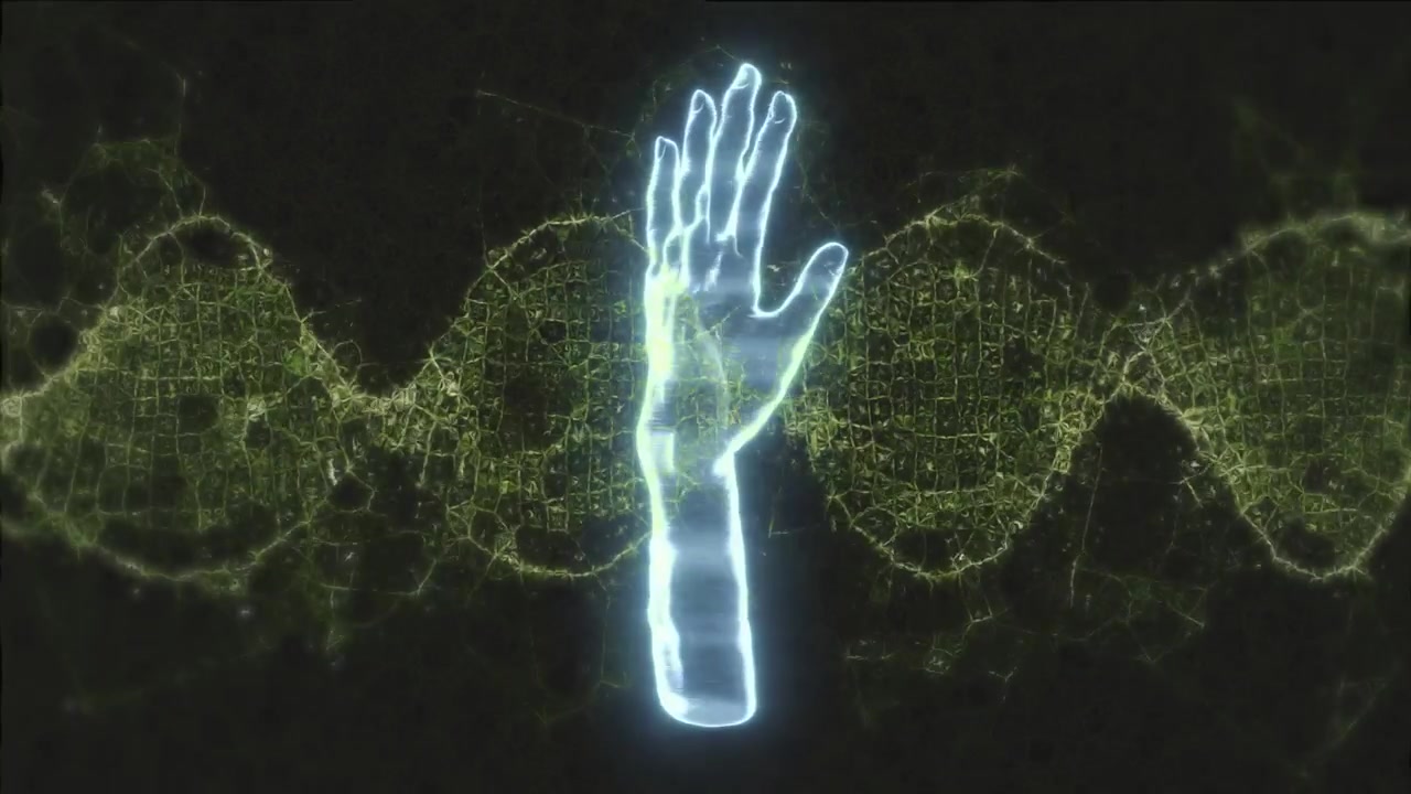 Antebrazo holográfico apareciendo, hélice formándose, mano girando y sincronizando un brillo nodal que muestra nodos internos