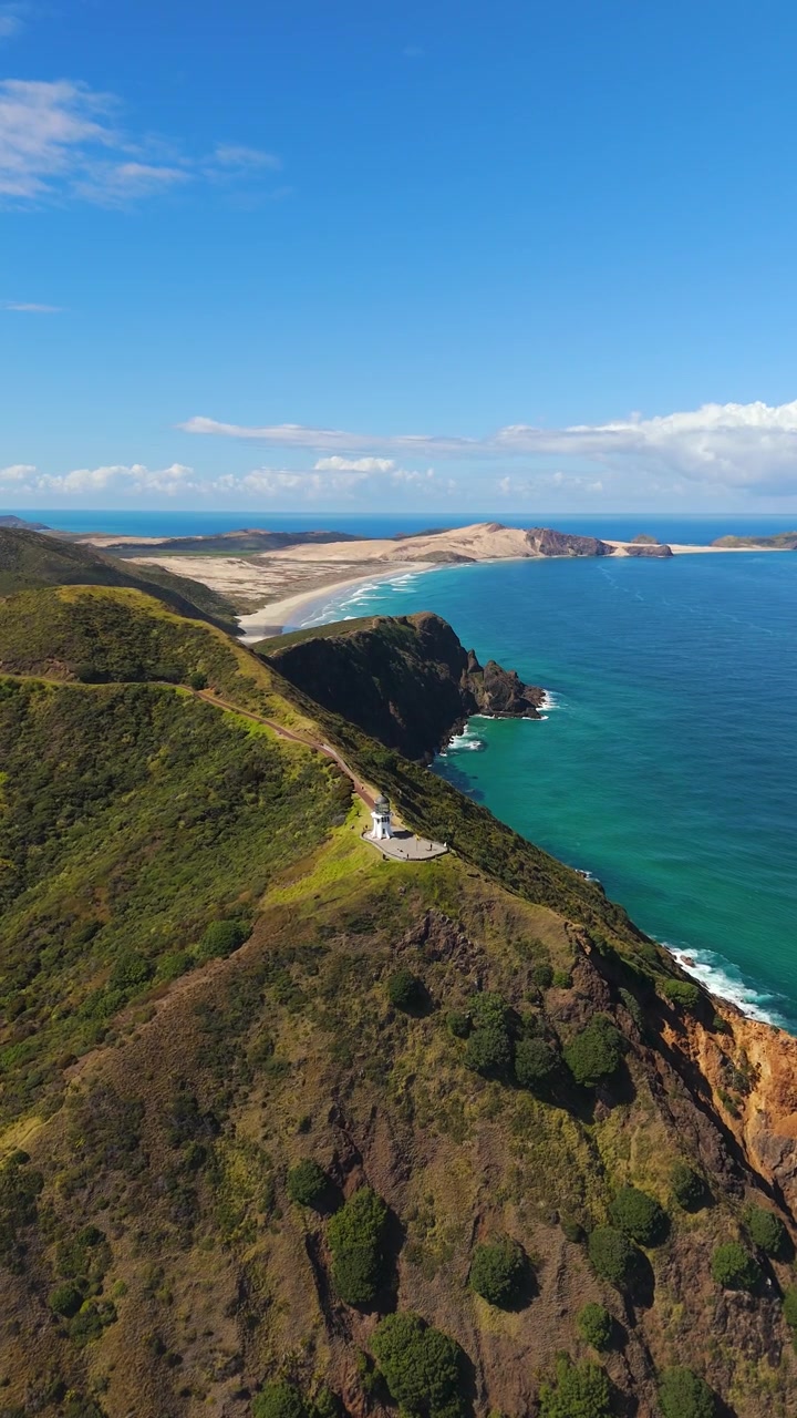 Cape Reinga nella regione di Northland, Nuova Zelanda. Vista aerea verticale
