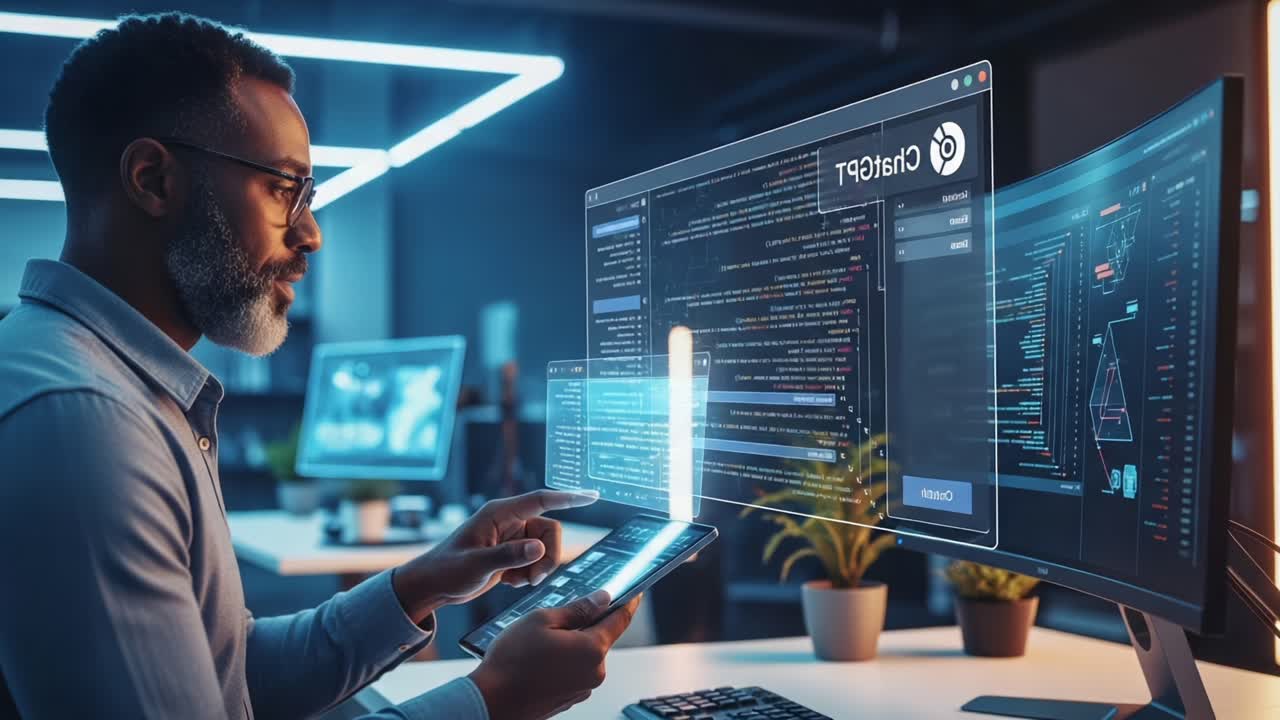 A focused professional engages with advanced technology, analyzing data through multiple screens and interactive interfaces in a modern digital workspace environment