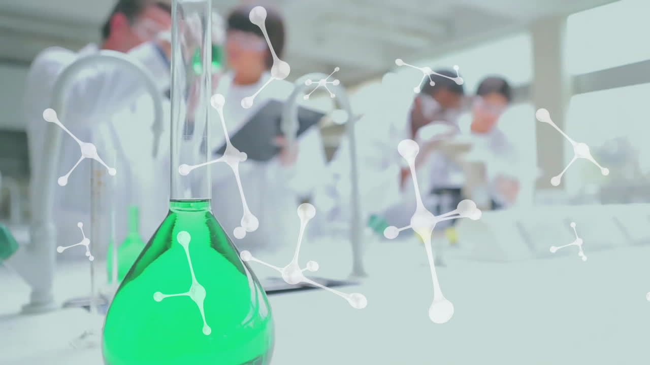 animación de moléculas sobre diversos científicos que trabajan en el laboratorio
