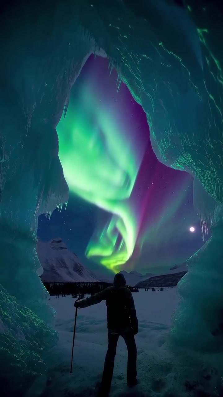 Escursionista in piedi in una grotta di ghiaccio che osserva l'aurora boreale