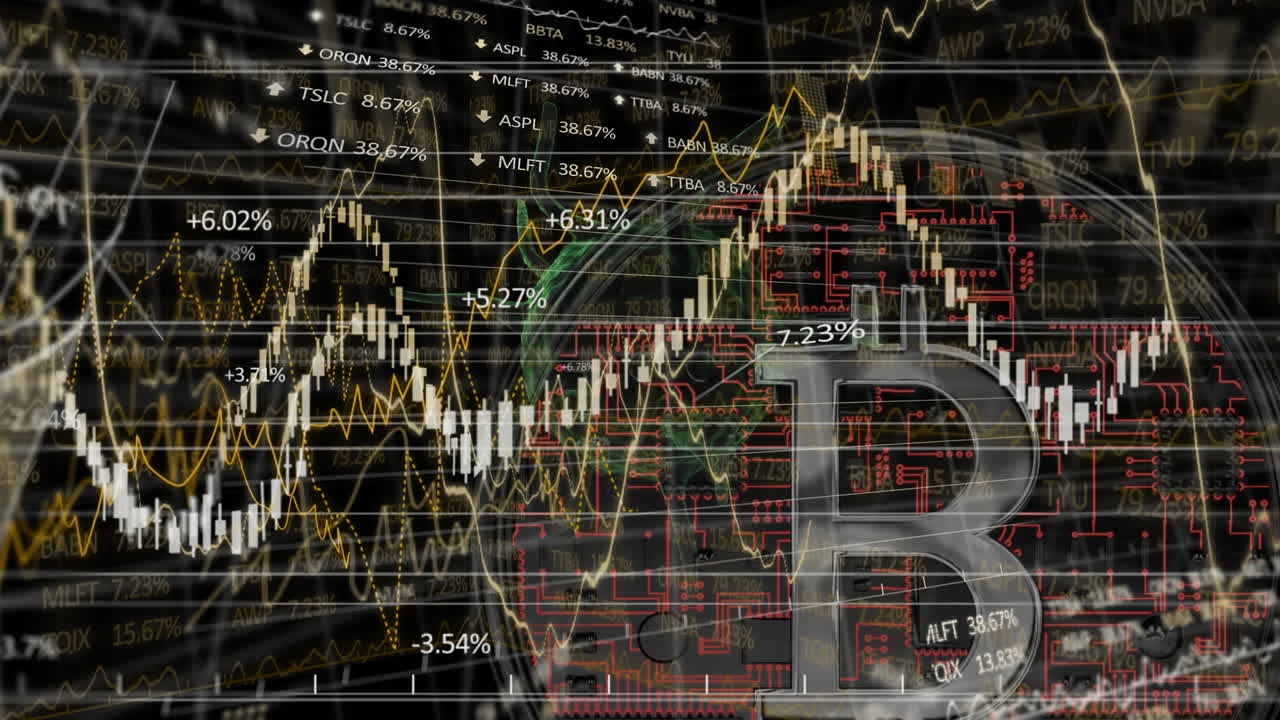 animación del procesamiento de datos financieros a través de bitcoin y células covid 19