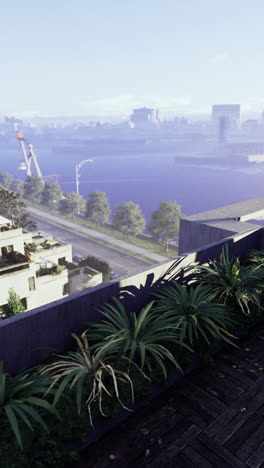 scenic rooftop view overlooking a river with modern architecture during the day