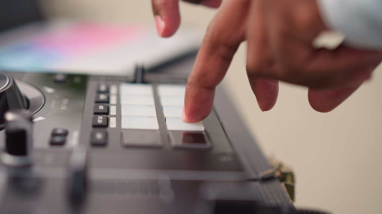 Black hands on pad controller focused studio producer creating ambient beats with delicate finger taps, warm bokeh lights, closeup mixing knobs, analog hardware texture, calm creative concentration