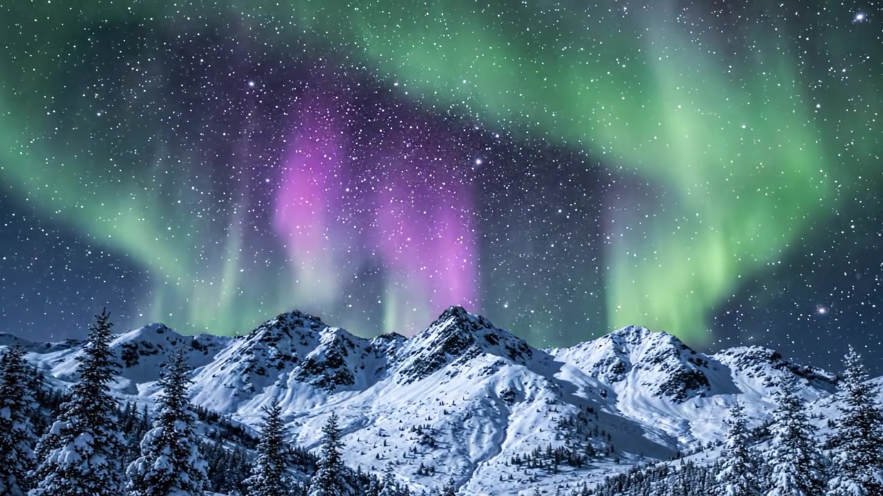 Un Cielo Notturno Mozzafiato Sopra Montagne Innevate Mostra l'Aurora Boreale con le Sue Vivaci Tonalità Verdi e Viola su uno Sfondo di Stelle