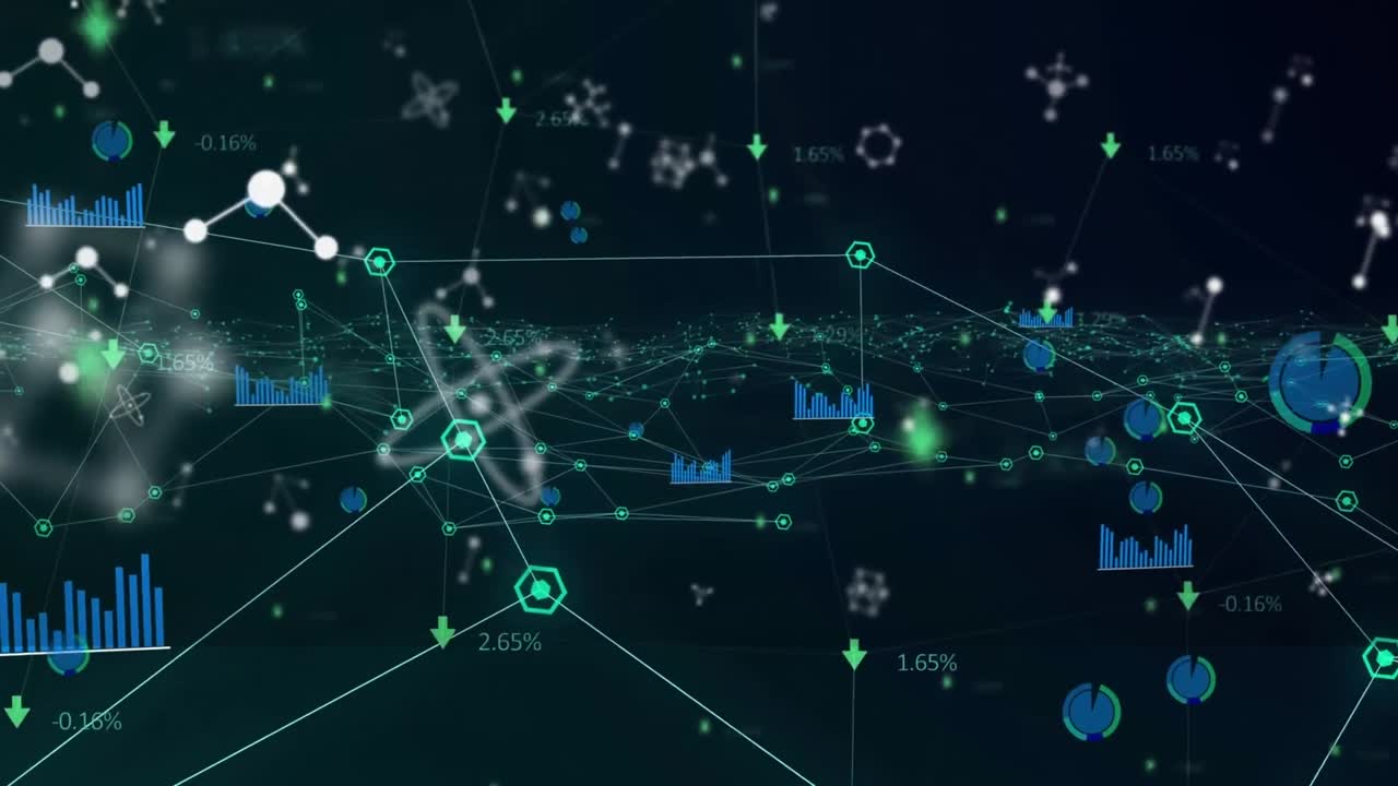 Animation of network of connections with molecules and diverse data in digital black space