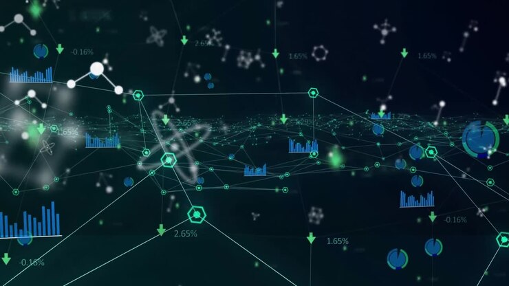 Animation of network of connections with molecules and diverse data in digital black space