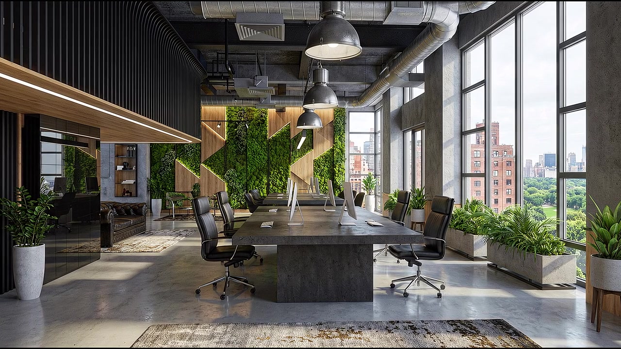 Modern office lounge and workspace showcasing contemporary technology driven environment