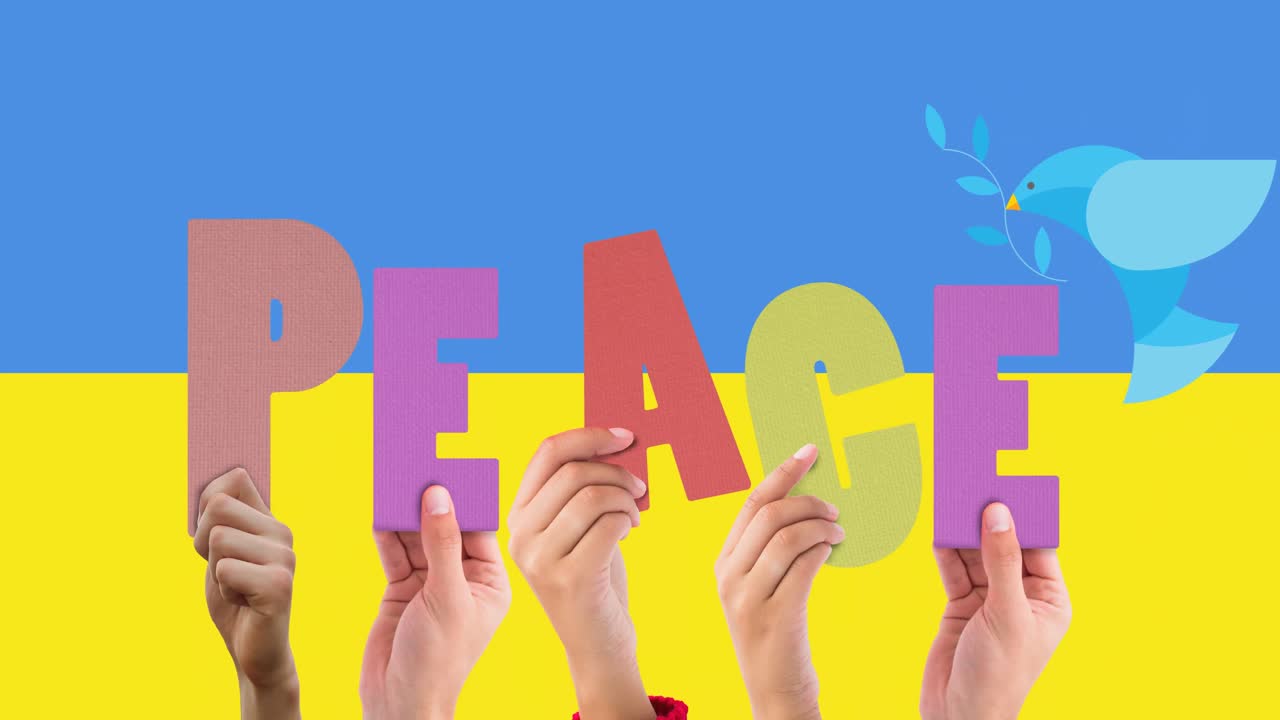 우크라이나의  ⁇ 발 위에 평화와 다이브를 들고 있는 손의 애니메이션