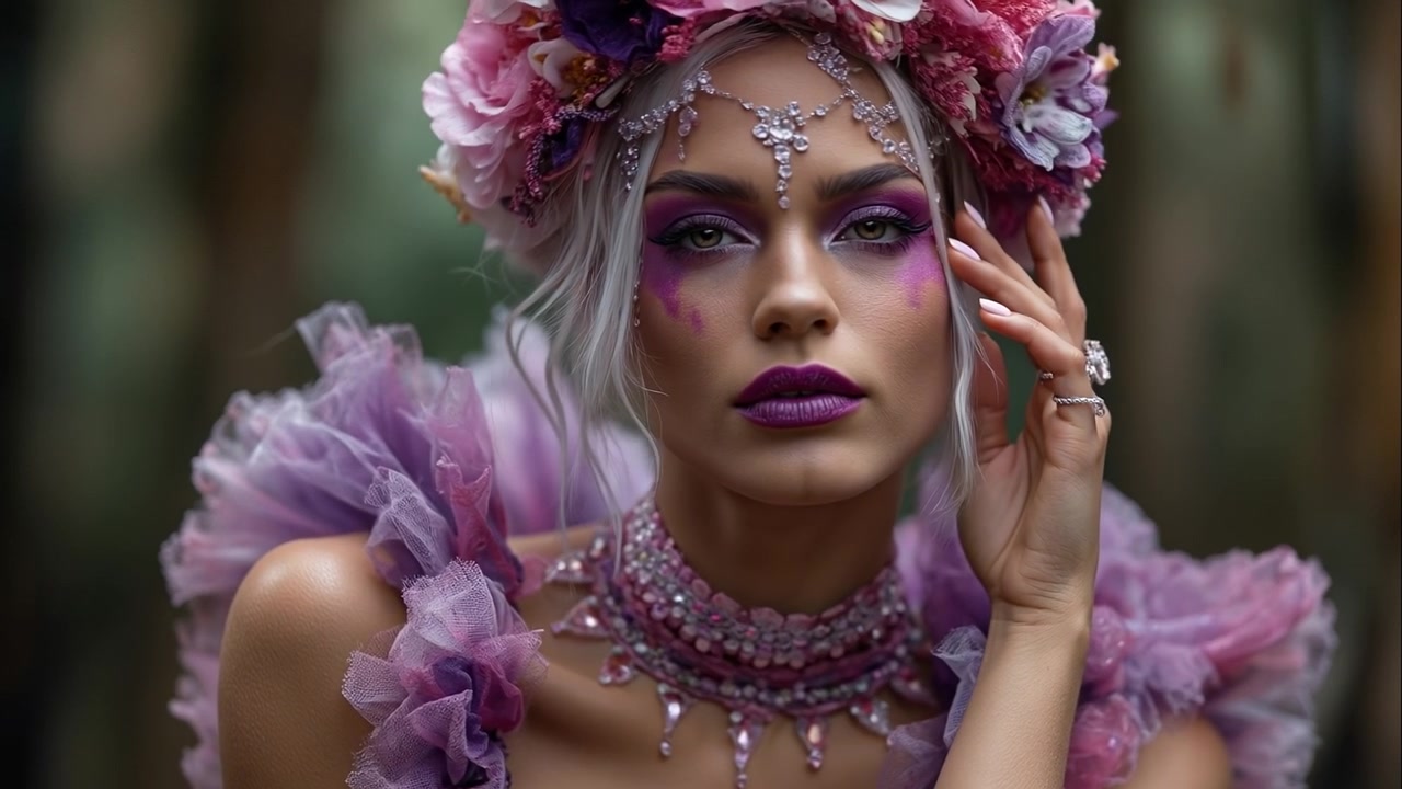 Bella donna con capelli bianchi che indossa una elaborata corona di fiori rosa e un trucco fantasy viola