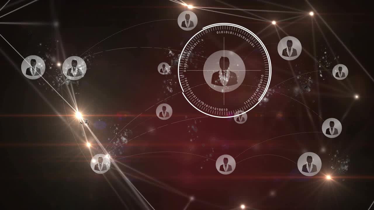 Central HUD fading locking over avatar node mesh forming sparking flare icons linking to show links