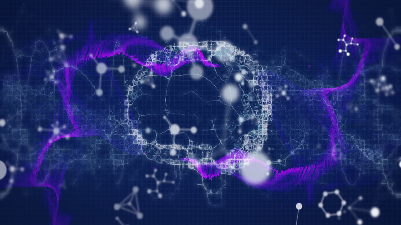 검은색 배경에 디지털 뇌 위의 분자의 애니메이션