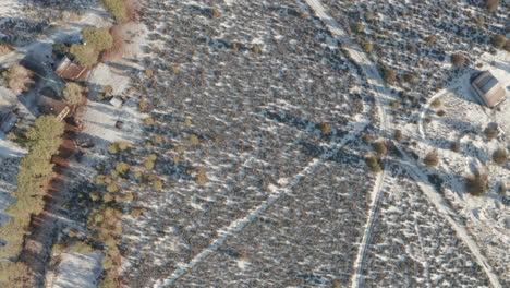 top down aerial shot over rural american scrubland in winter