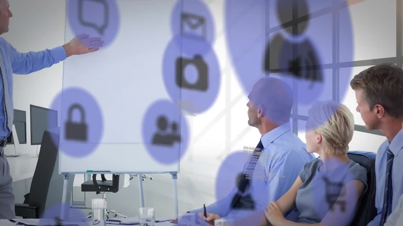 사무실에서 다양한 비즈니스 사람들에 대한 아이콘과 연결의 애니메이션