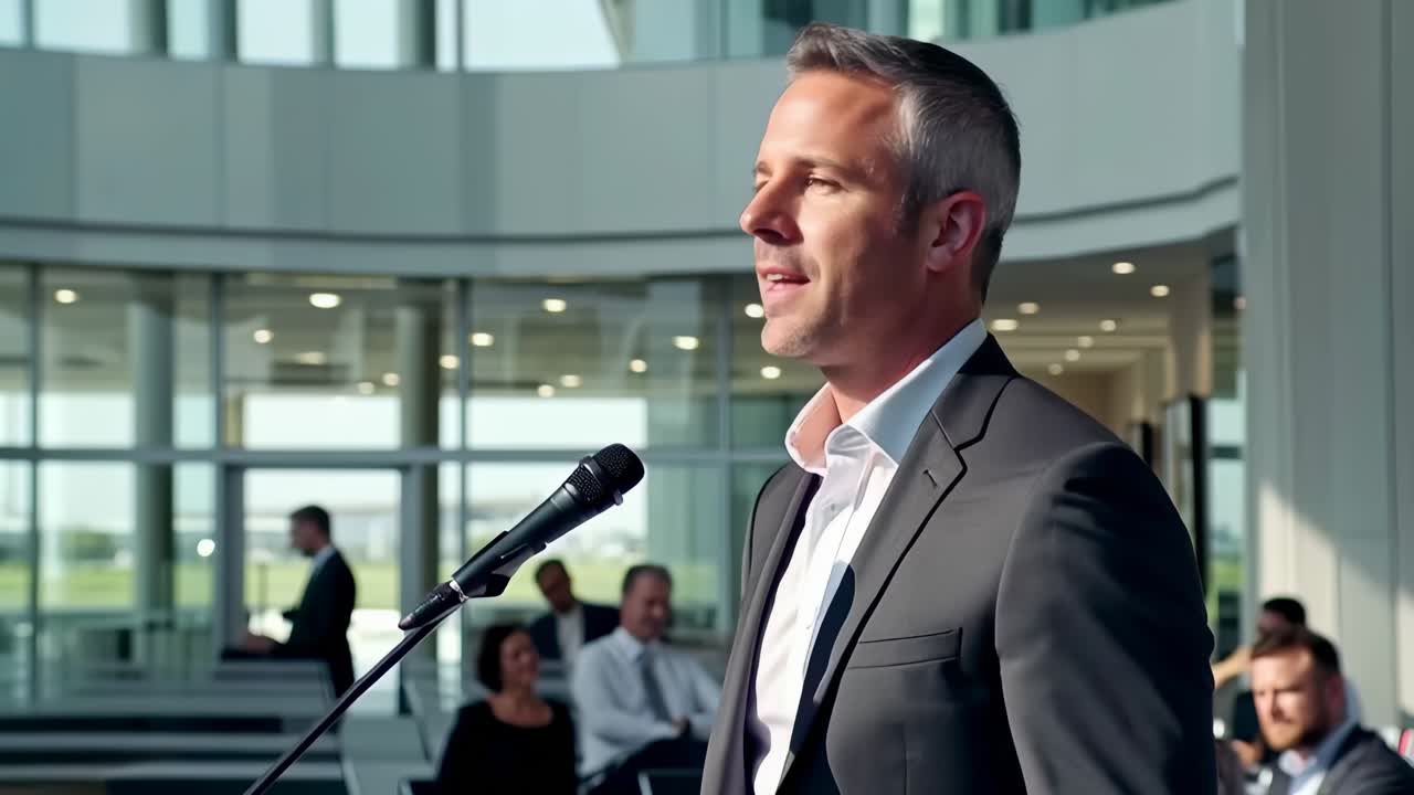 A man in a suit is standing in front of a microphone, giving a speech