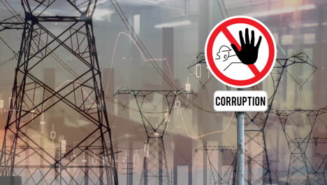 animation of diagrams and pylons over warning sign with corruption text