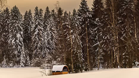 Thermoholz-Fass-Sauna-In-Ländlichen-Wäldern-Während-Des-Schneesturms-Bei-Sonnenuntergang