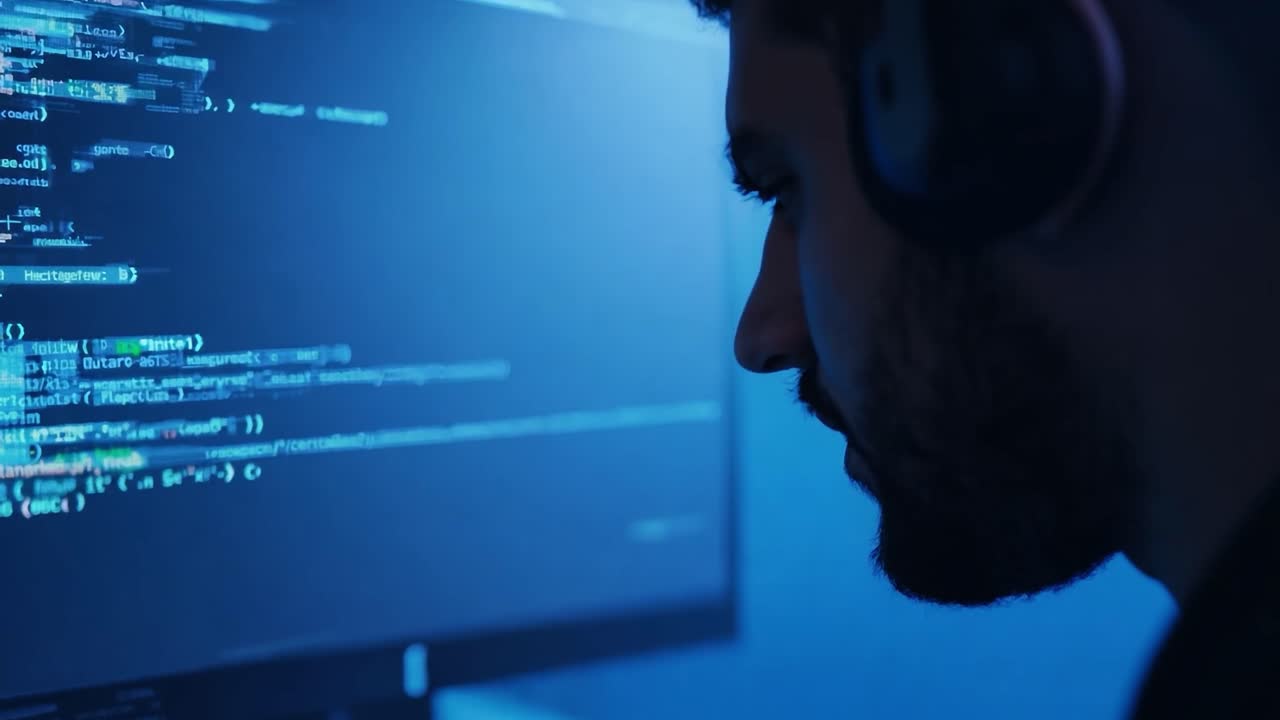 man codeert op zijn computer.