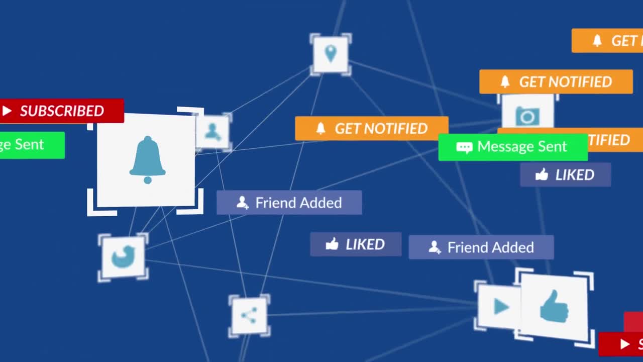 블루 배경 위에 디지털 아이콘이 있는 배너에 있는 소셜 미디어 텍스트의 애니메이션