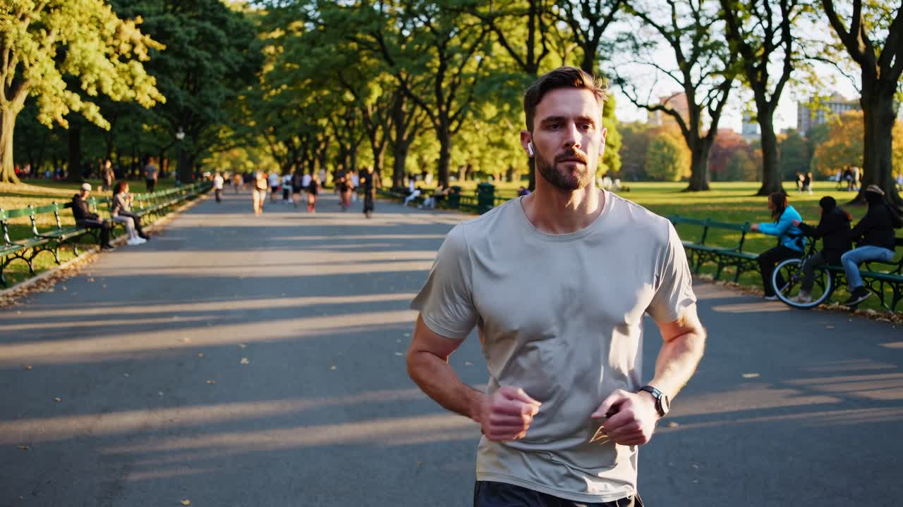 A man jogging in a park, captured from a low-angle shot, showcasing a dynamic and active lifestyle