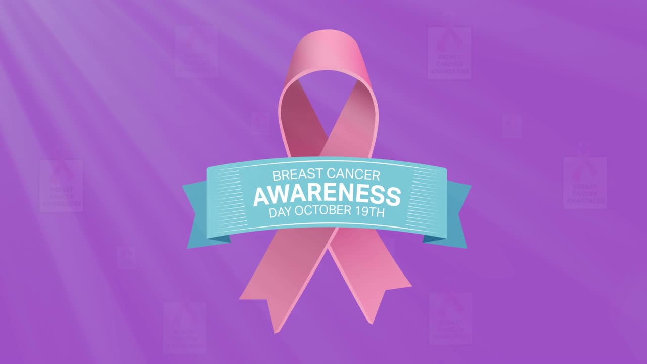 핑크색 유방암 리본 위에 유방암 인식 텍스트의 애니메이션