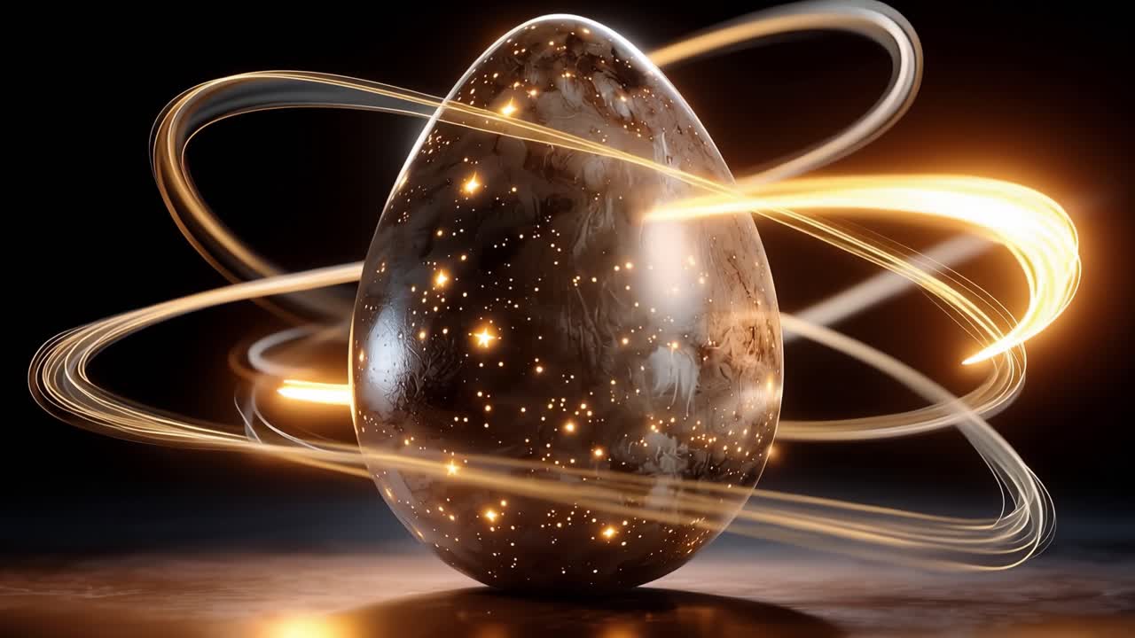 Golden light swirls around a glowing, speckled egg. Darkness frames its radiant, celestial form. Flickering stars pulse within its translucent shell. Cosmic, mystical energy envelops the egg