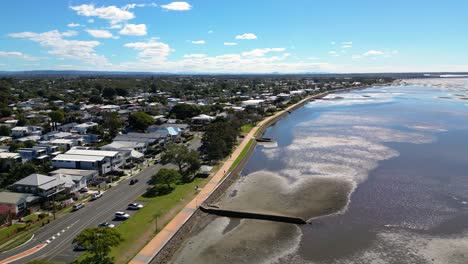 Aerial-view-of-Sandgate-and-Brighton-waterfront-on-a-sunny-day,-Brisbane,-Queensland,-Australia