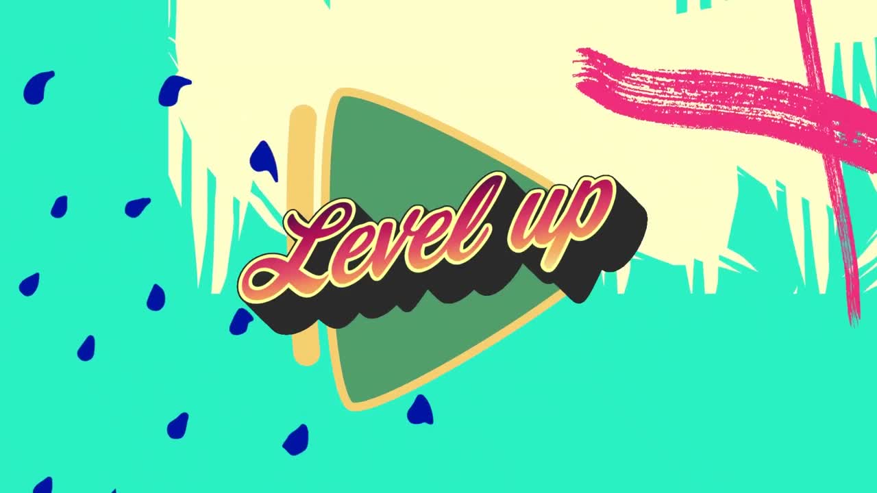 다채로운 그래픽과 모양 위에 레벨 업 텍스트의 애니메이션