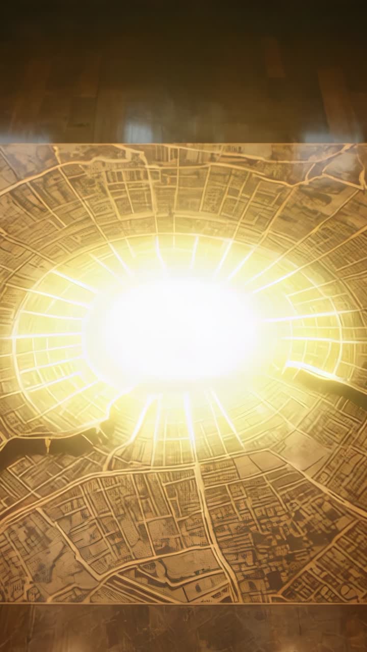 Vertical video: Emerging light at map center projecting circular map in dark chamber, lighting grid