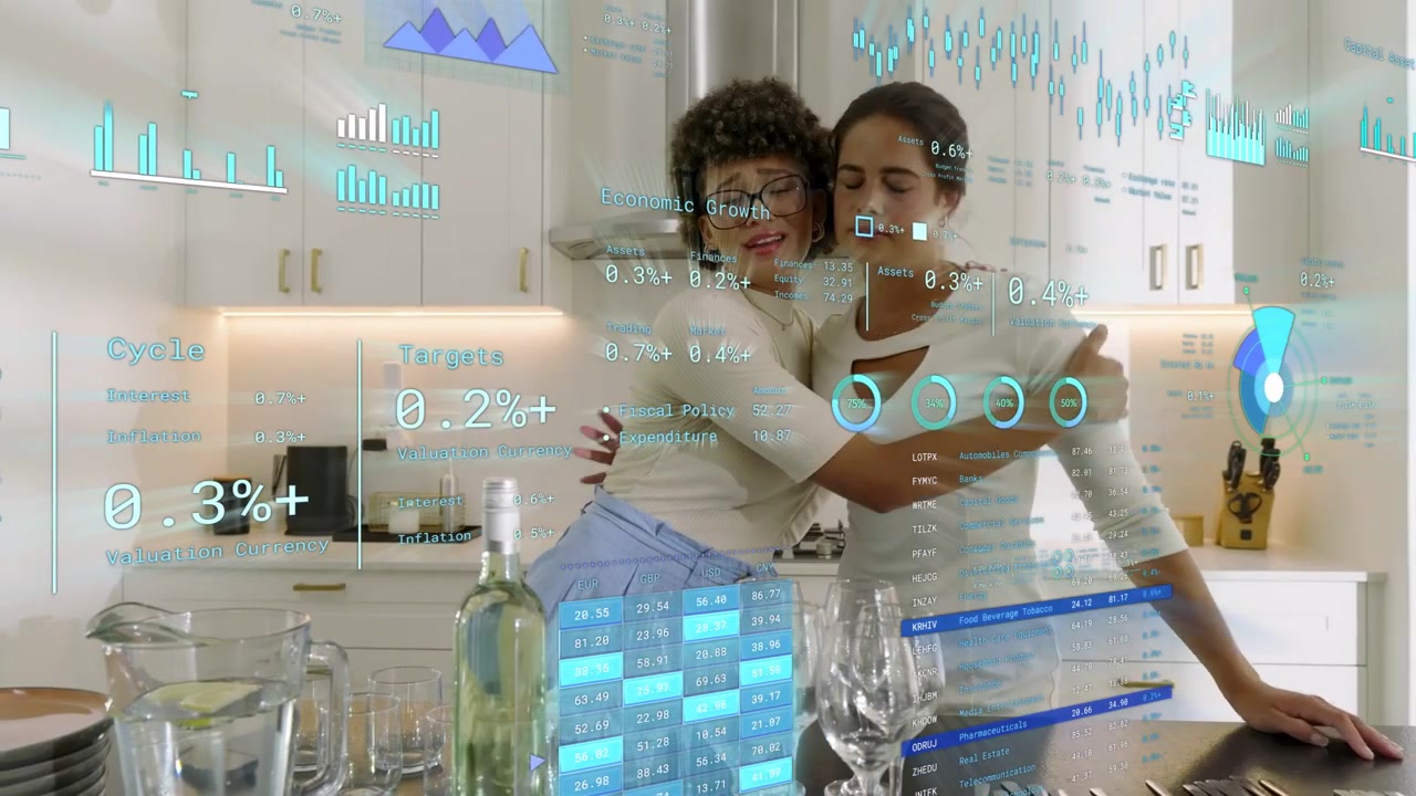 Two women scanning, causing tech overlay on island, pointing charts, checking %, planning meal