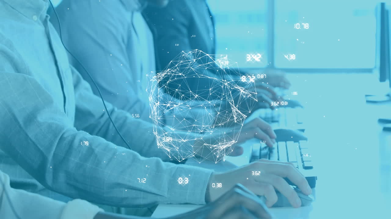 사무실에서 일하는 고객 서비스 임원 팀에 대한 연결 네트워크의 세계