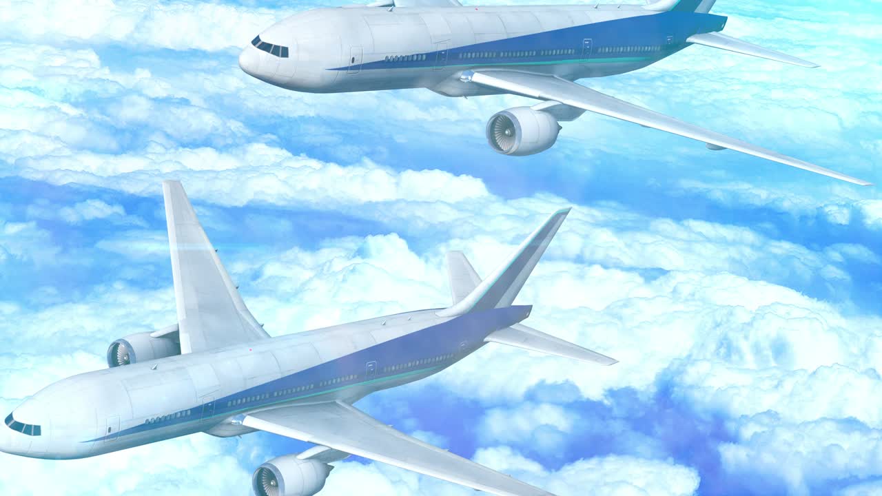 구름 하늘 애니메이션에서 비행하는 비행기 여행