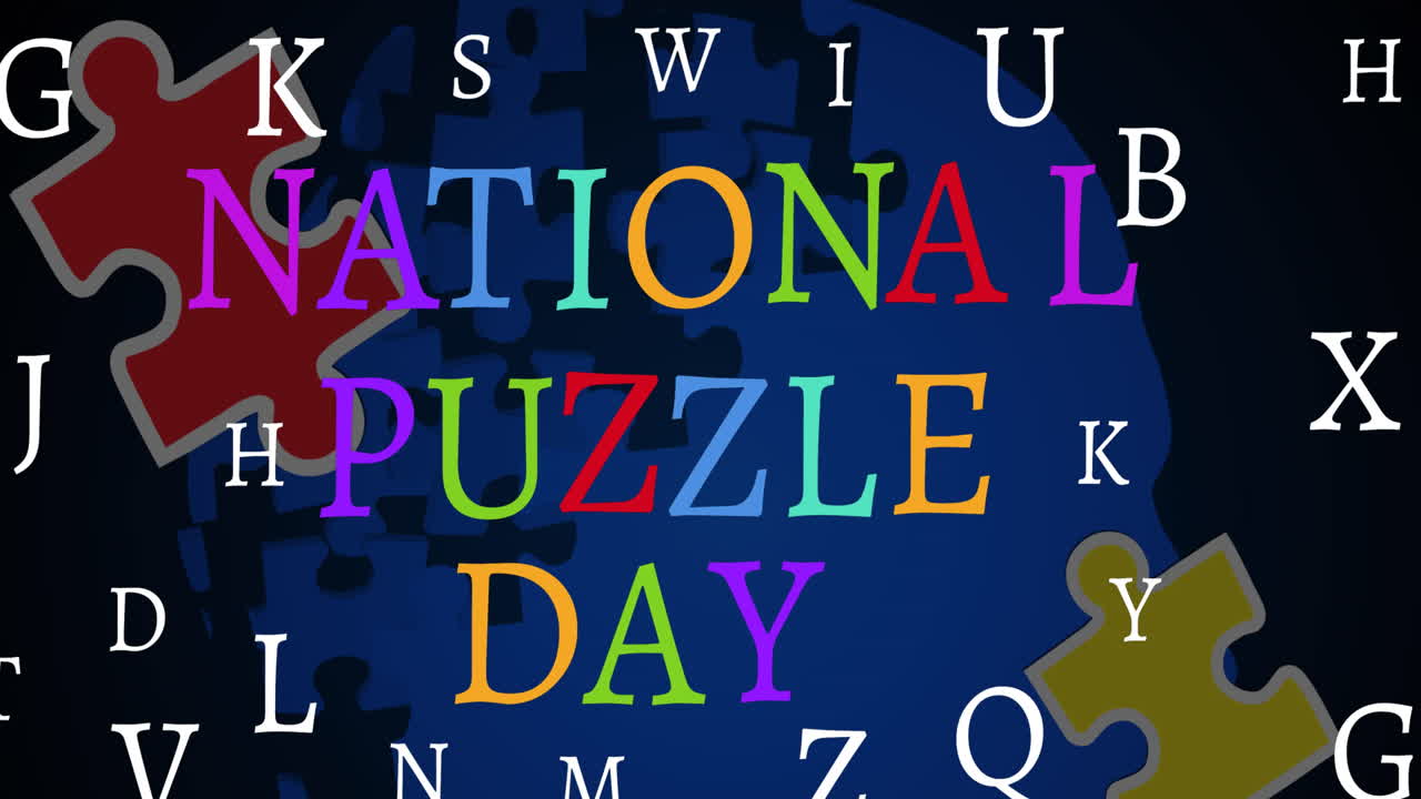 animación de letras haciendo el día nacional del rompecabezas escribiendo sobre fondo negro