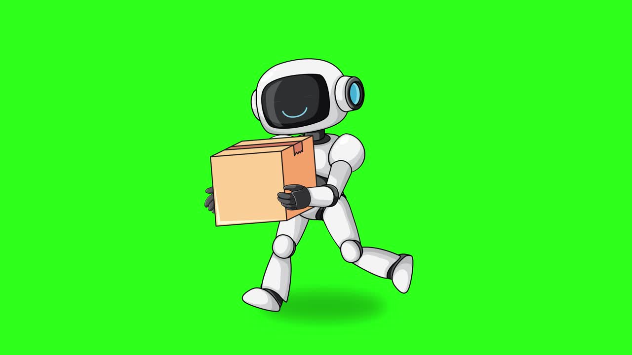Robot animato che cammina tenendo una scatola, loop senza interruzioni, sfondo verde brillante, vista frontale, movimento fluido